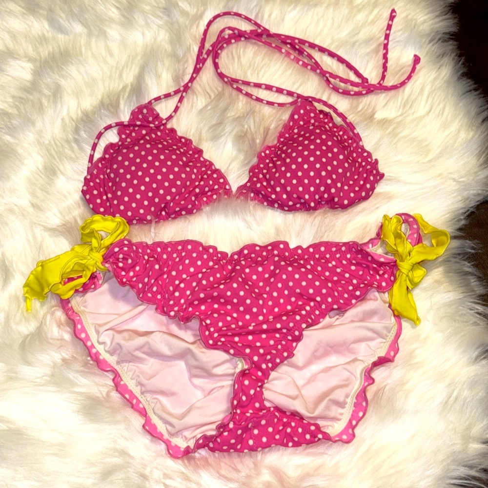 Victoria's Secret Pink and Yellow polka dot Bikini set with Ruched Design M/L - Picture 5 of 12